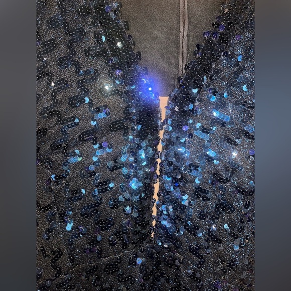 Lilli Diamond Original 60s 70s TRUE VINTAGE Blue Maxi Sequin Dress Long Sleeve L - Picture 8 of 14